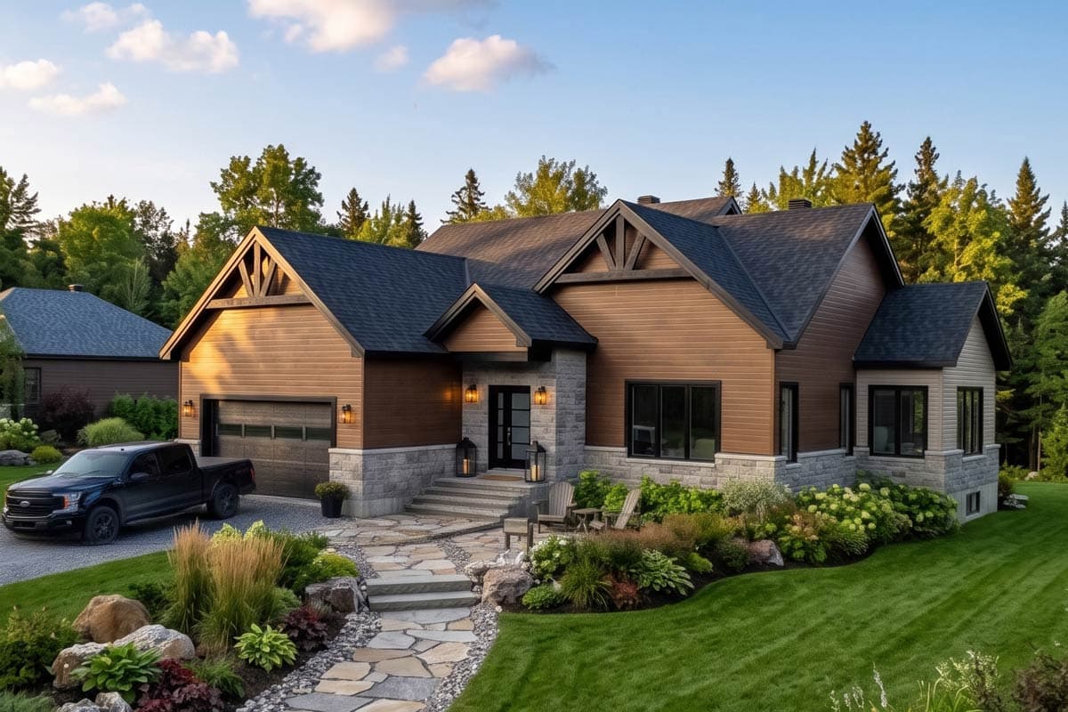 Craftsman style house plan exterior with a side-entry garage, covered porch, stone foundation, and decorative gables.