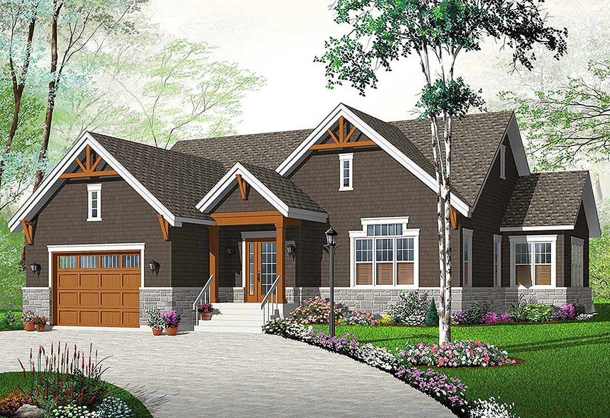 Craftsman style house plan exterior with a side-entry garage, covered porch, stone foundation, and decorative gables.