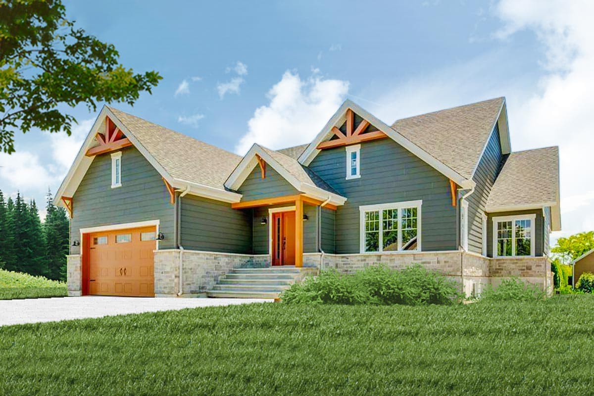House plan exterior featuring Craftsman-style elements, with multiple gables, exposed rafter tails, and a front-facing garage.