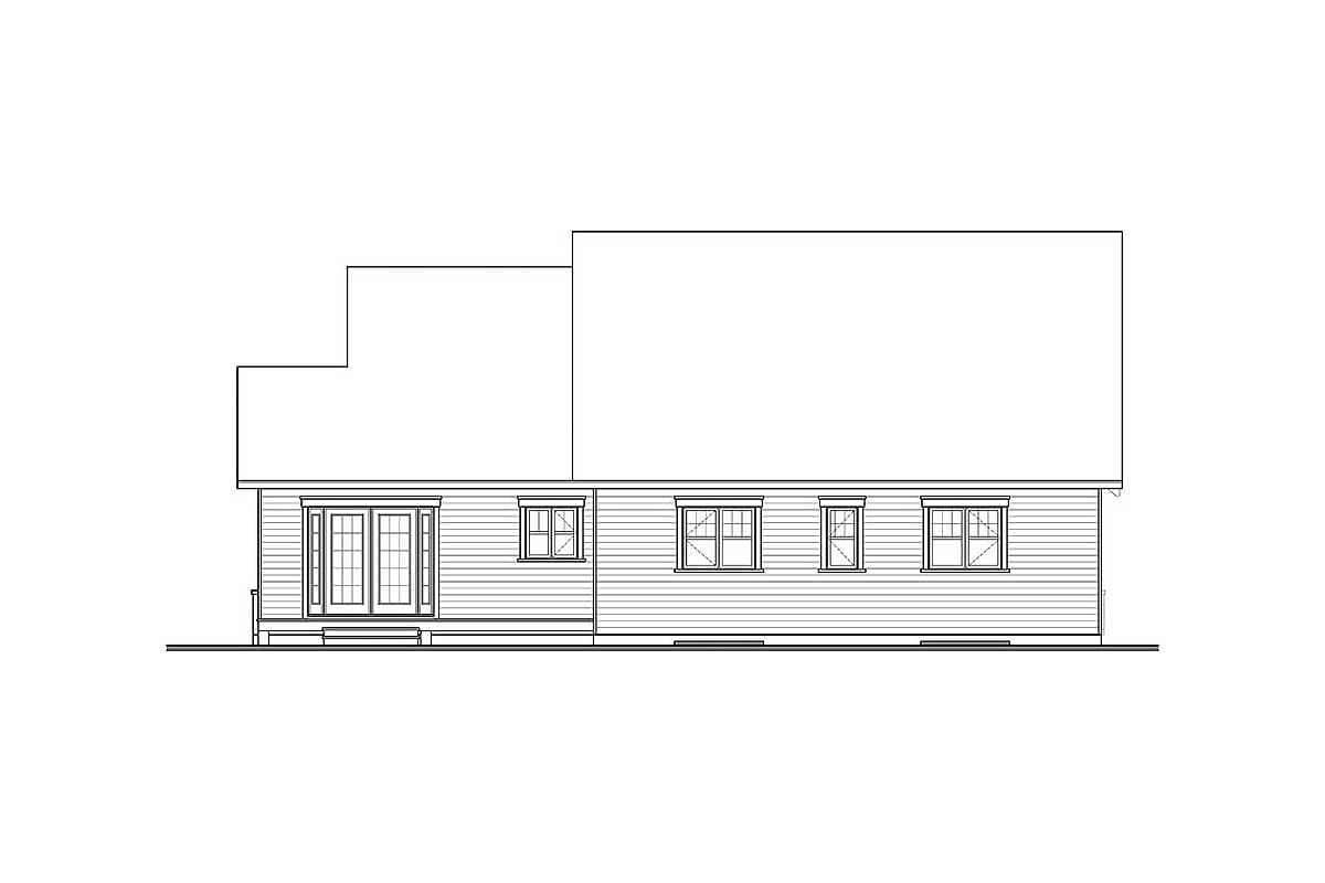 House plan exterior elevation: Two-story home with double doors, porch, and multiple windows.