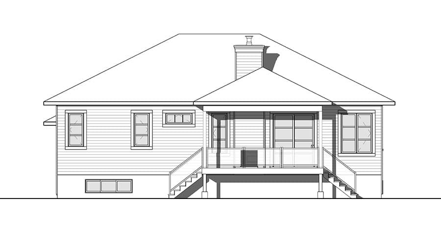 House plan exterior, single-story home with gabled roof, prominent chimney, and rear deck with stairs.