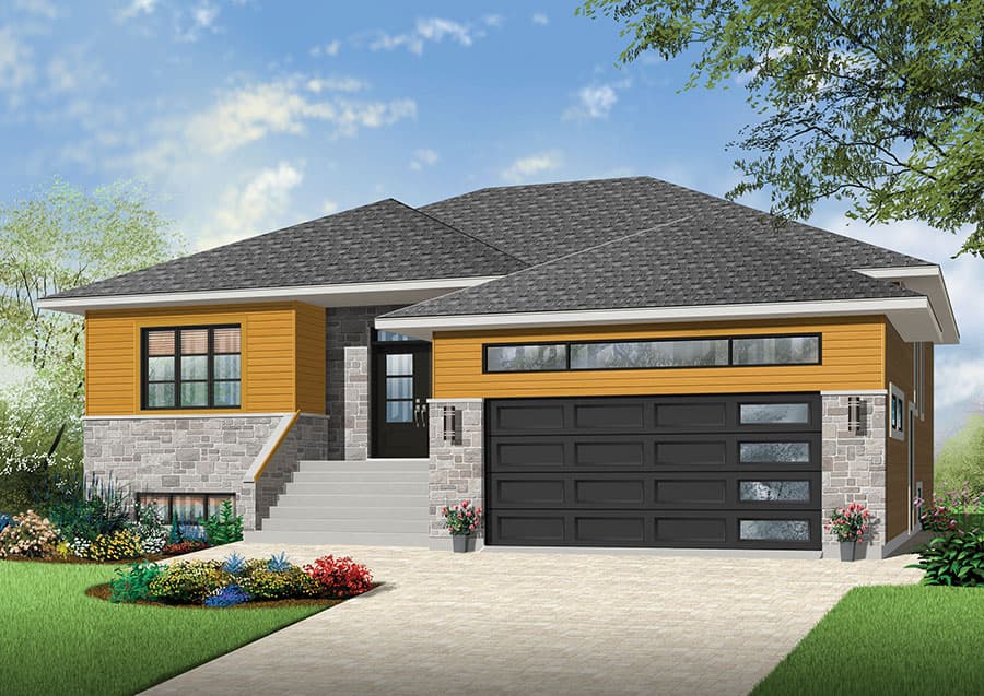 Modern house plan exterior featuring a multi-level roof, stone and wood siding, a two-car garage, and large windows.