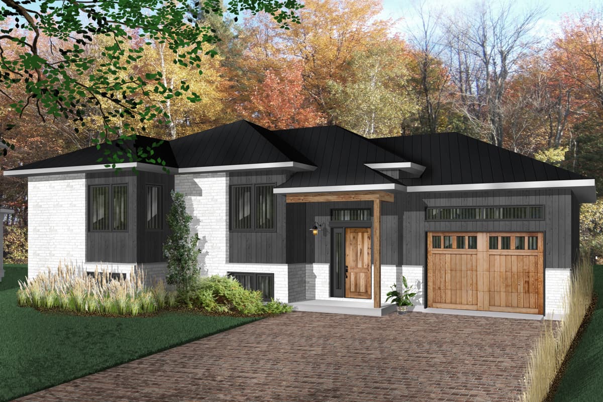 House plan exterior: Modern style, single-story with white brick and dark siding, prominent roofline, wood garage door, and covered entry.