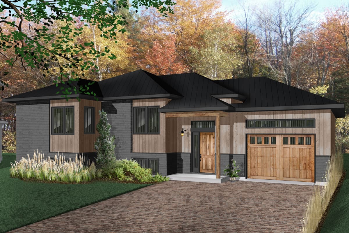 House plan exterior with board and batten siding, black metal roof, and attached garage with wood panel door. One story.
