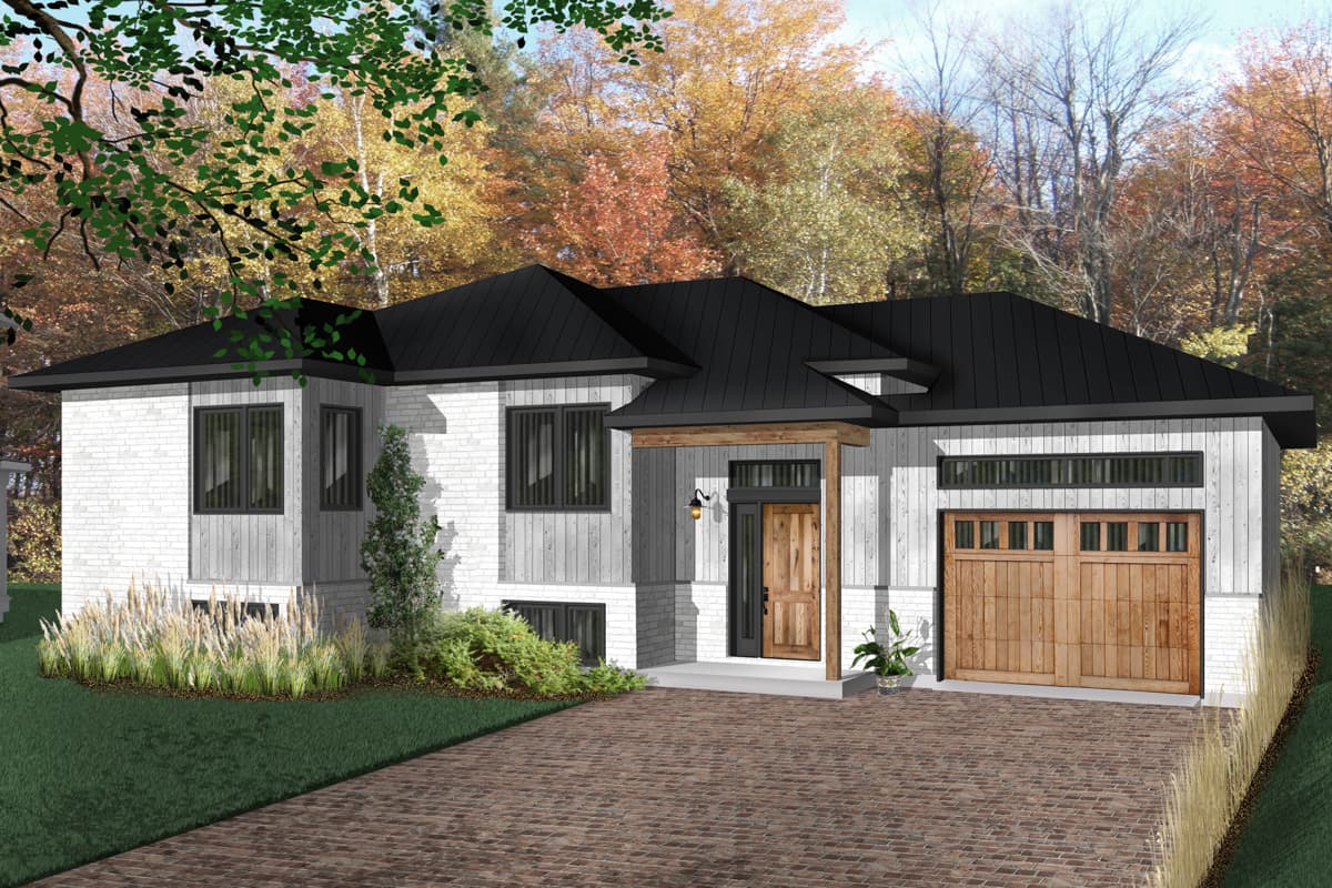 House plan exterior: Modern style, one story, white brick, wood garage door, covered entry with wood beam detail.