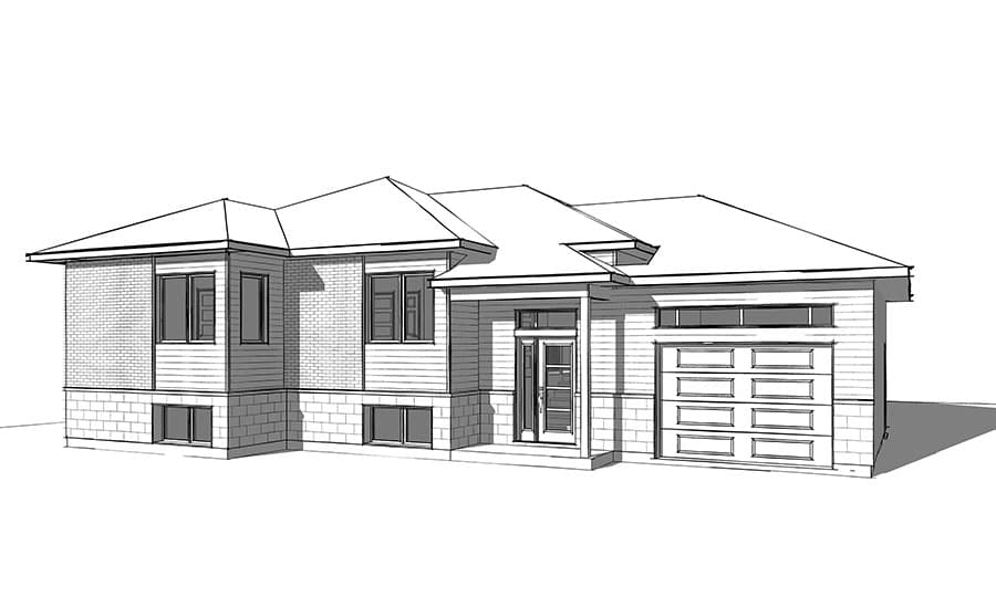 House plan exterior: One-story Modern Farmhouse with covered entry, prominent gables, brick and siding, and attached garage.