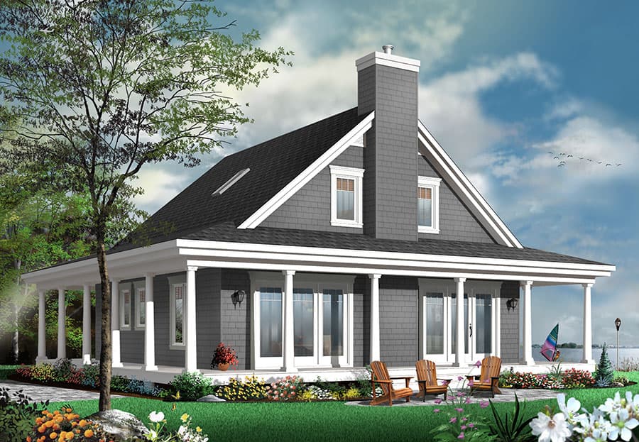 House plan exterior: Modern Farmhouse style, one story, wrap-around porch with columns, large gable, and prominent chimney.