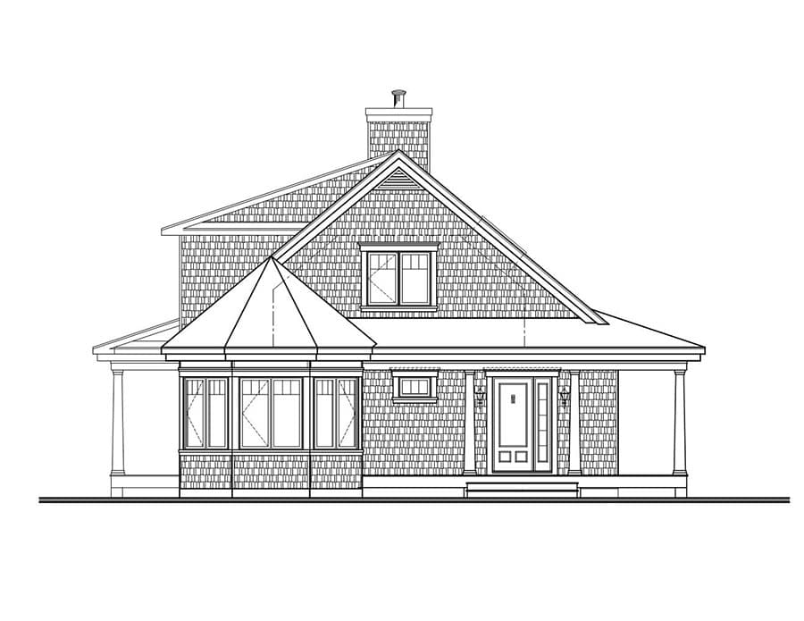House plan exterior elevation showing a two-story home with a prominent hip roof, shingle siding, a central dormer, and a covered front porch.