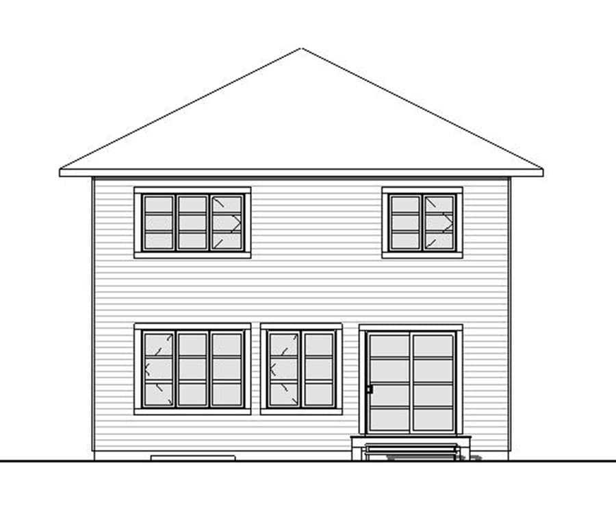 House plan elevation of a two-story home with a simple gabled roofline, multiple windows, and a glass-paneled door.