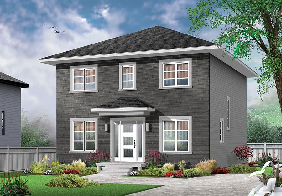 Two-story house plan exterior with dark brick and vinyl siding, a central entrance with a peaked overhang, and large windows.