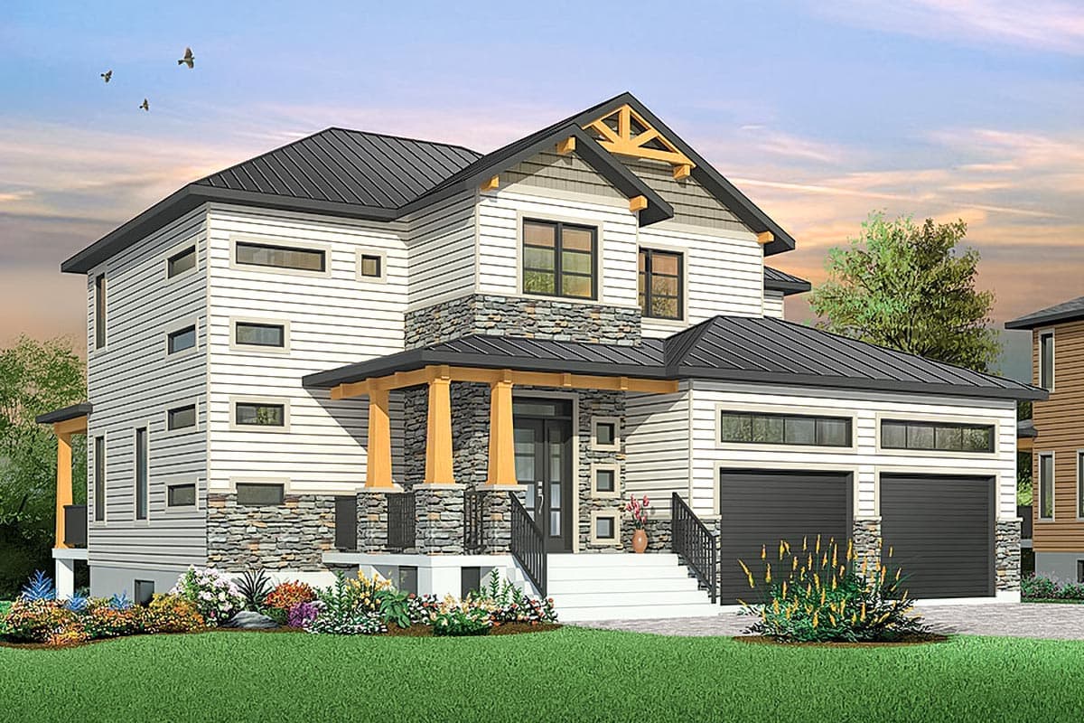 Modern house plan exterior with two stories, metal roof, stone accents, covered entry with wood columns, and a two-car garage.