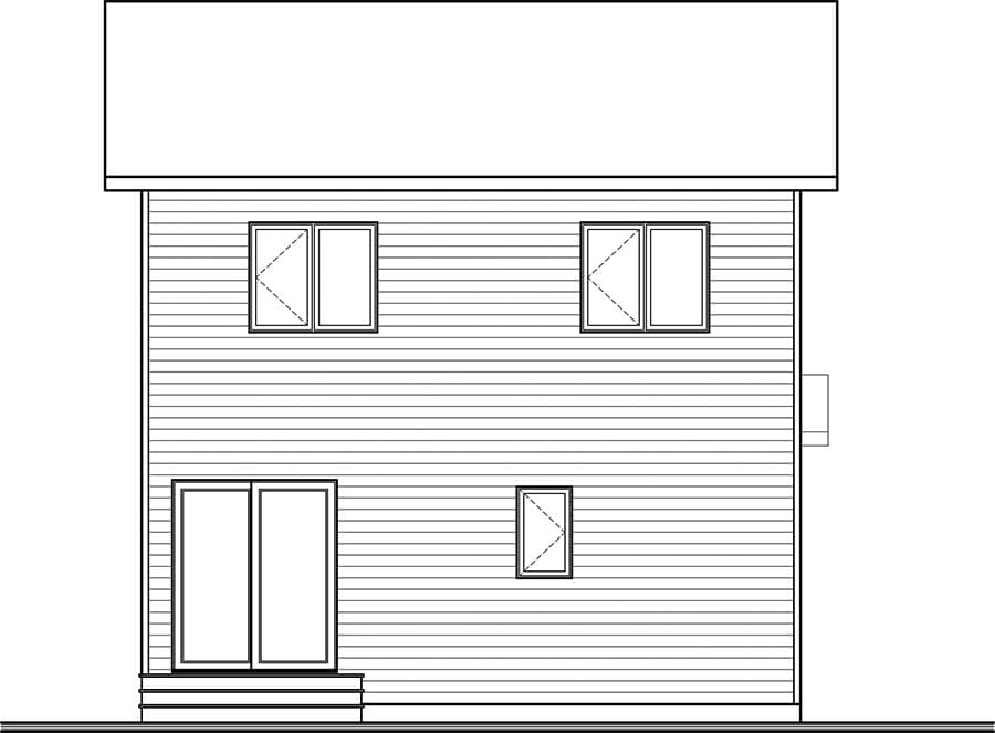 Two-story house plan exterior with horizontal siding, a double sliding door, and three windows.