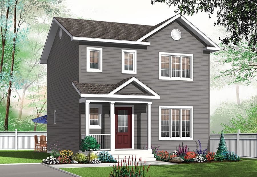 House plan exterior: Two-story home with a gabled front porch, multiple gables, and numerous double-hung windows.