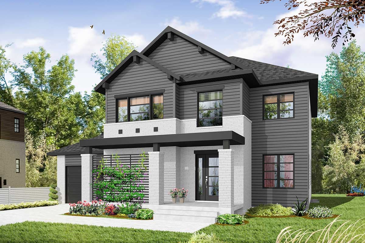 House plan exterior: Two-story modern home with gray siding, white brick base, gabled roof, covered porch, and attached garage.