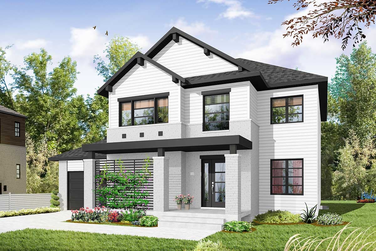 Modern house plan exterior with white siding, brick accents, gable roof, covered entry porch, and attached garage.