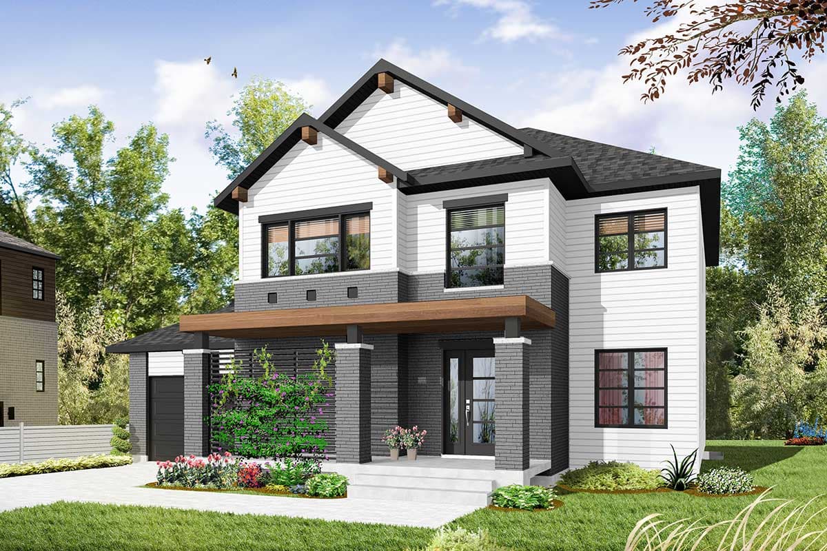 Modern house plan exterior, two stories, with prominent gables, a covered entry, and a two-car garage.