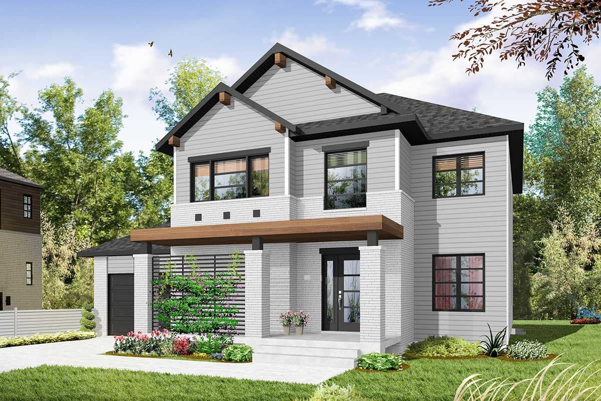 Modern house plan exterior, two stories, with white brick and siding, a covered porch, and an attached garage.