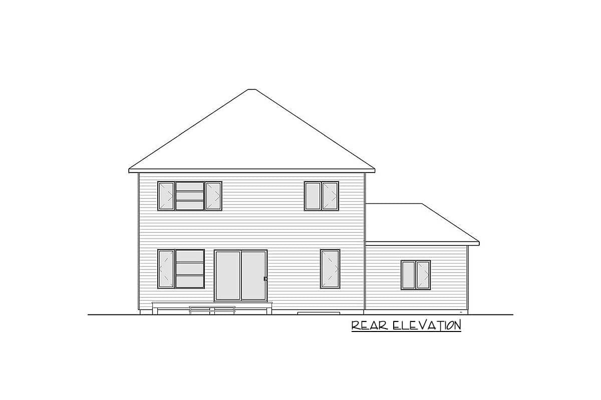 Rear elevation drawing of a two-story house with a gable roof, horizontal siding, multiple windows, and a sliding glass door.