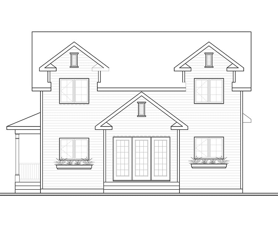House plan exterior: two stories, symmetrical front gables, front porch, and double doors.