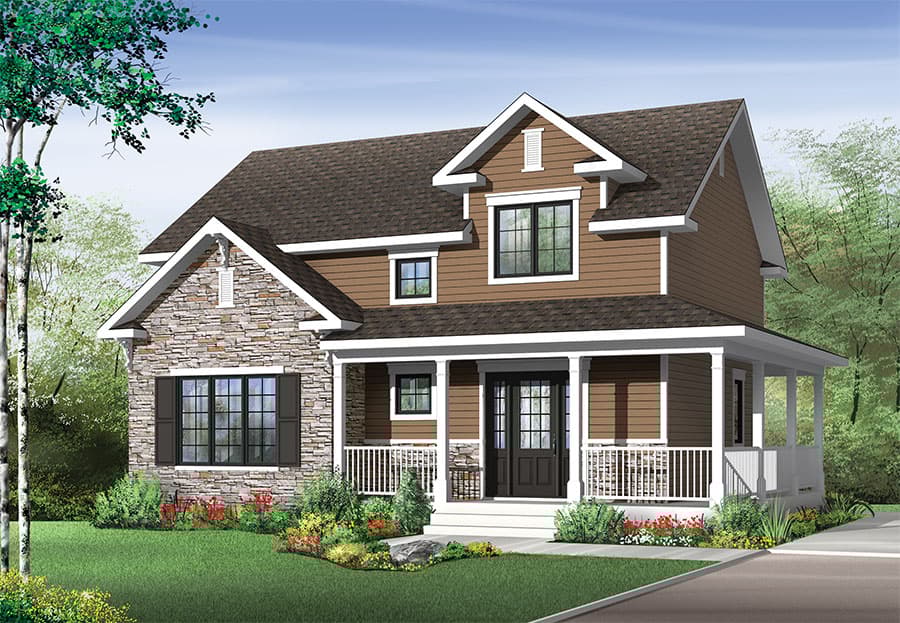 Two-story house plan exterior with stone facade, wraparound porch, and gable dormers.