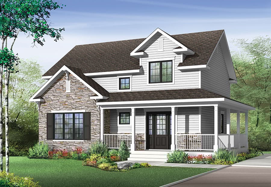 House plan exterior: two-story home with stone accent, front porch, gabled dormers, and lap siding.