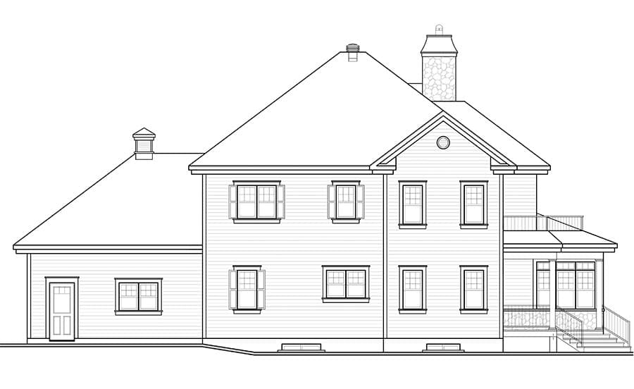 House plan side elevation: Two-story structure with prominent gables, dormers, a covered porch, and a stone-accented chimney.