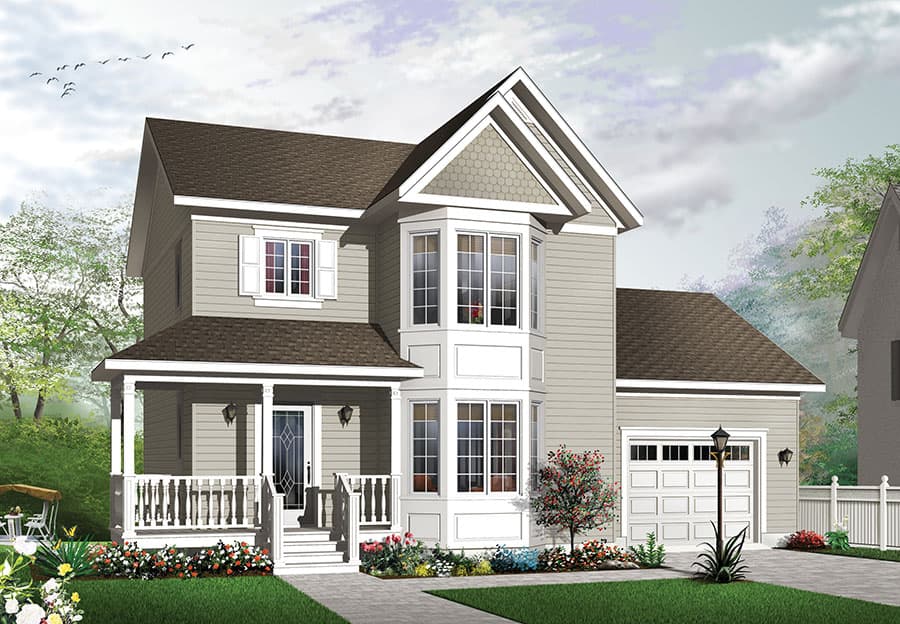 Two-story house plan exterior with a covered front porch, bay window, gabled dormer, and attached two-car garage.