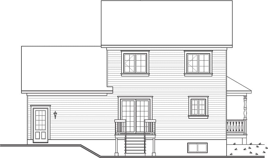 House plan elevation drawing: two-story home with a rear porch, double door with sidelights, and multiple windows.