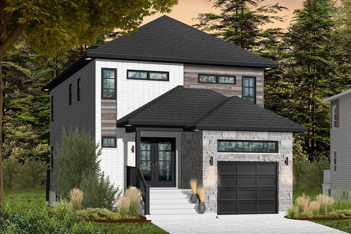 House plan exterior: Two-story modern home with mixed siding, stone accents, prominent gables, and an attached garage.