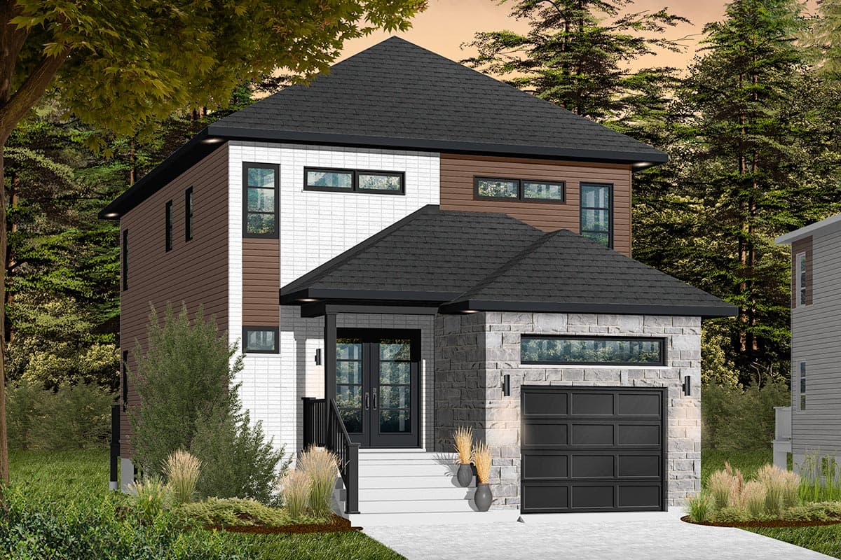 House plan exterior: Two-story home with dark gables, white brick, brown siding, stone base, and attached garage.