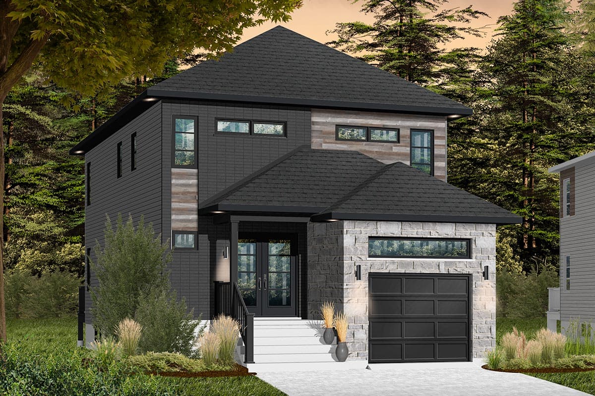House plan exterior. Two-story modern style house with front-facing garage, gabled roof, and covered entry porch.