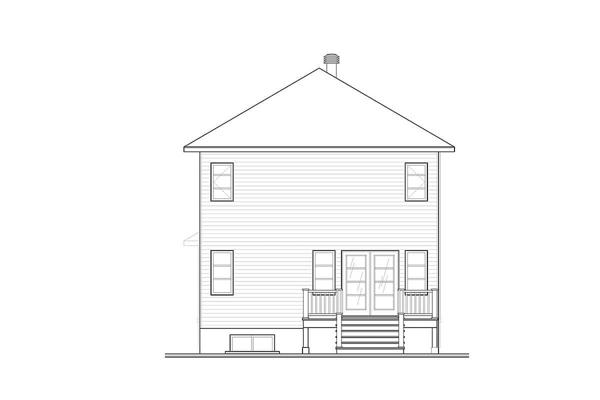 House plan exterior: Two-story home with hip roof, central chimney, double doors with sidelights, and two side porches.