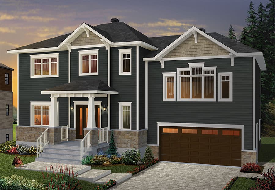 House plan exterior of a two-story home with a covered porch, gables, and a two-car garage.