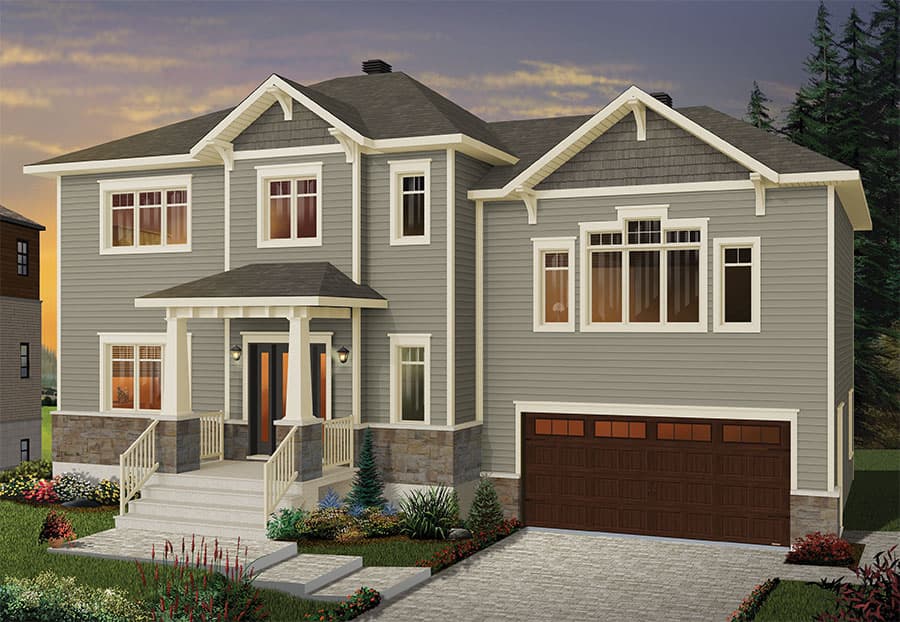 Two-story house plan exterior with gabled dormers, covered porch, stone accents, and attached garage.