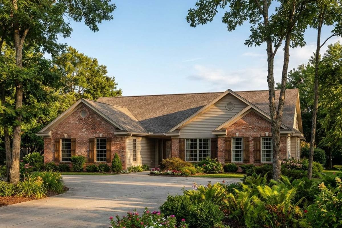 House plan exterior: One-story brick home with gable dormer, prominent rooflines, and wood shutters.