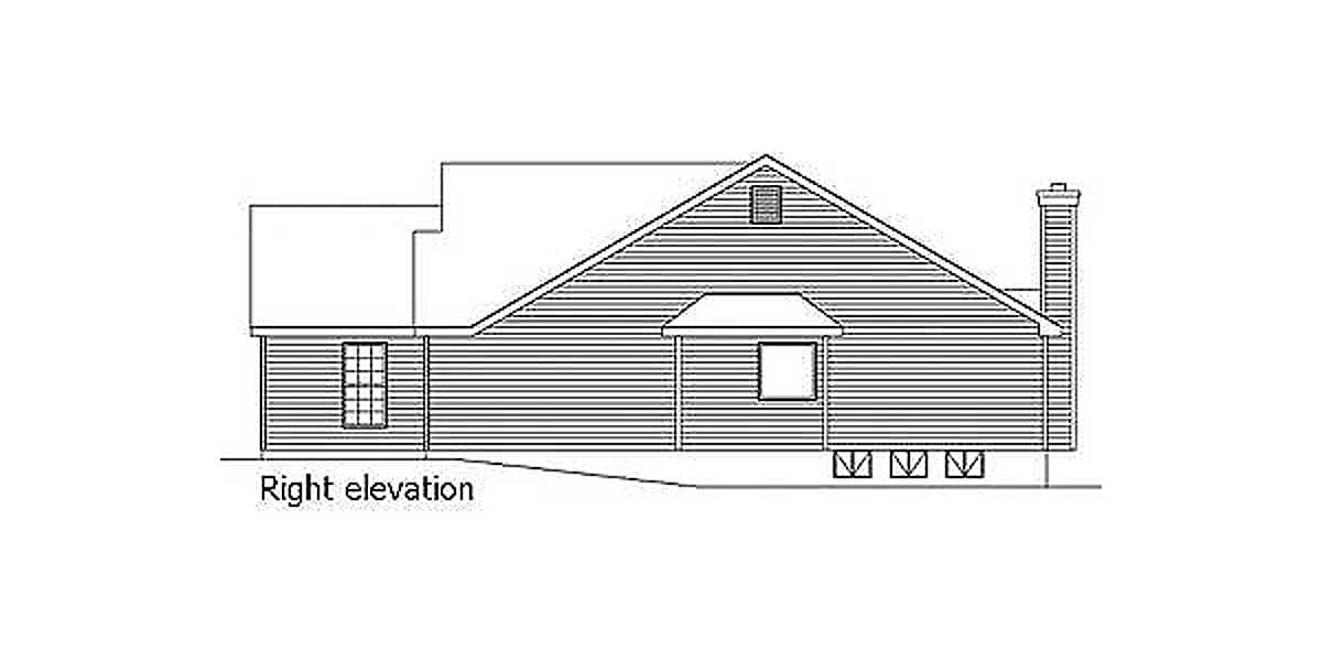 Right elevation drawing of a house plan with a prominent gable roof, dormer window, and chimney.