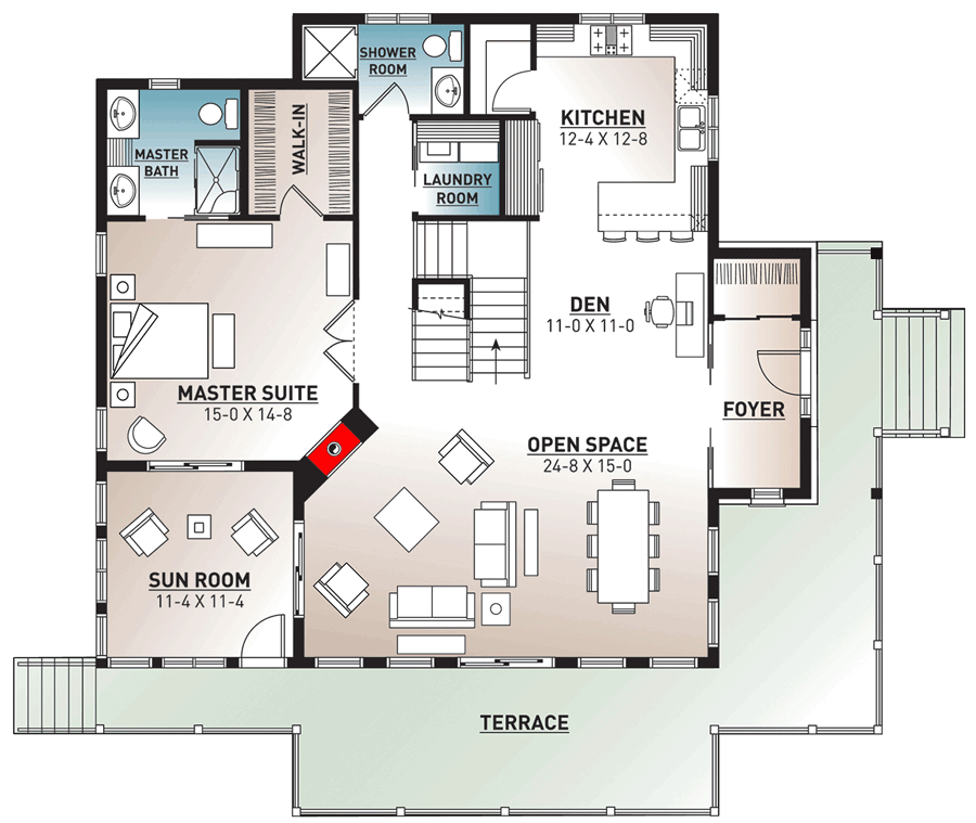 Plan 22440DR: Mountain House Plan with Wraparound Deck - 2340 Sq Ft - Floor Plan - Main Level - Craftsman, Mountain, Northwest, Rustic, Vacation