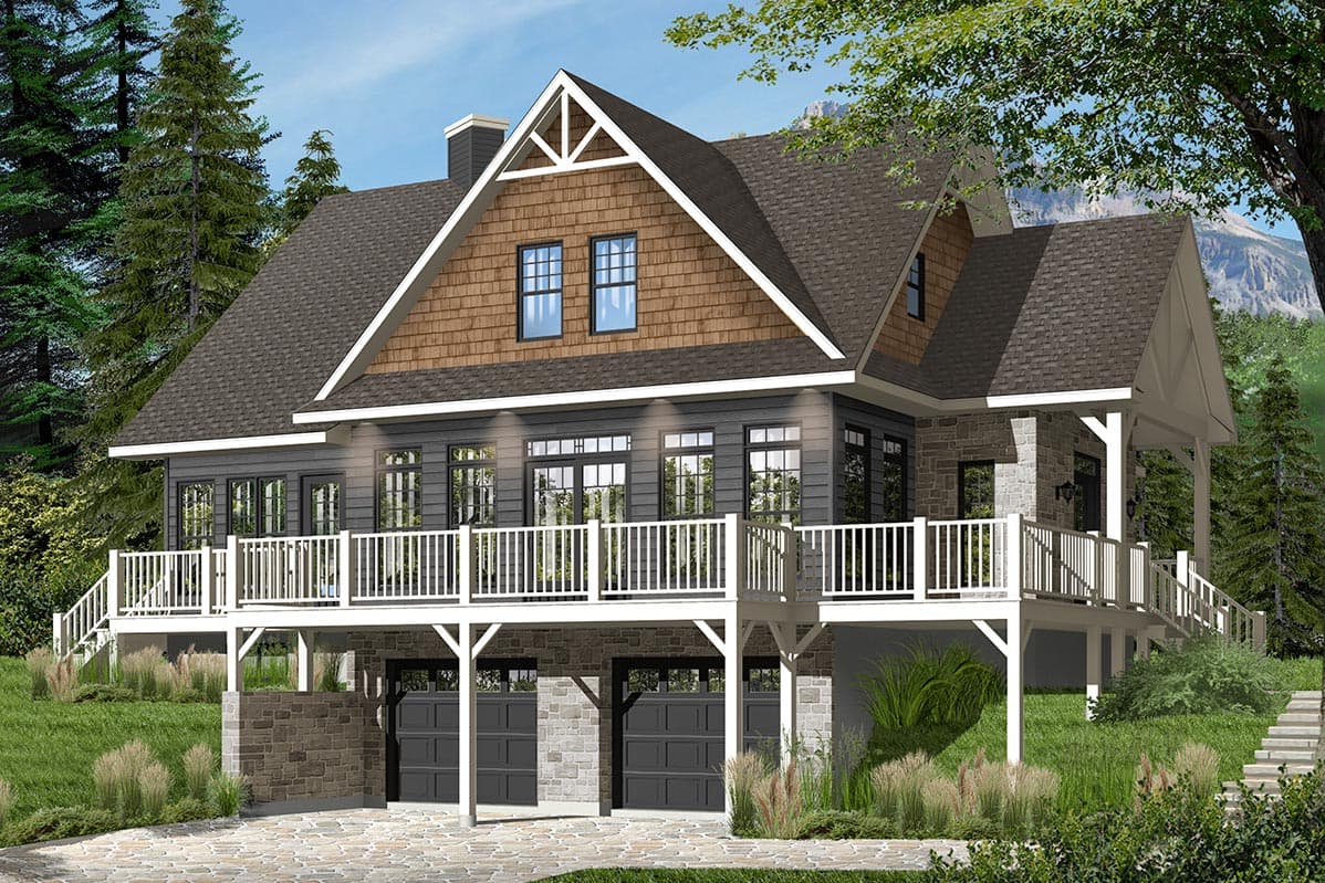 House plan exterior: Modern Farmhouse style, two stories, with a prominent front gable, stone foundation, and a wraparound deck.