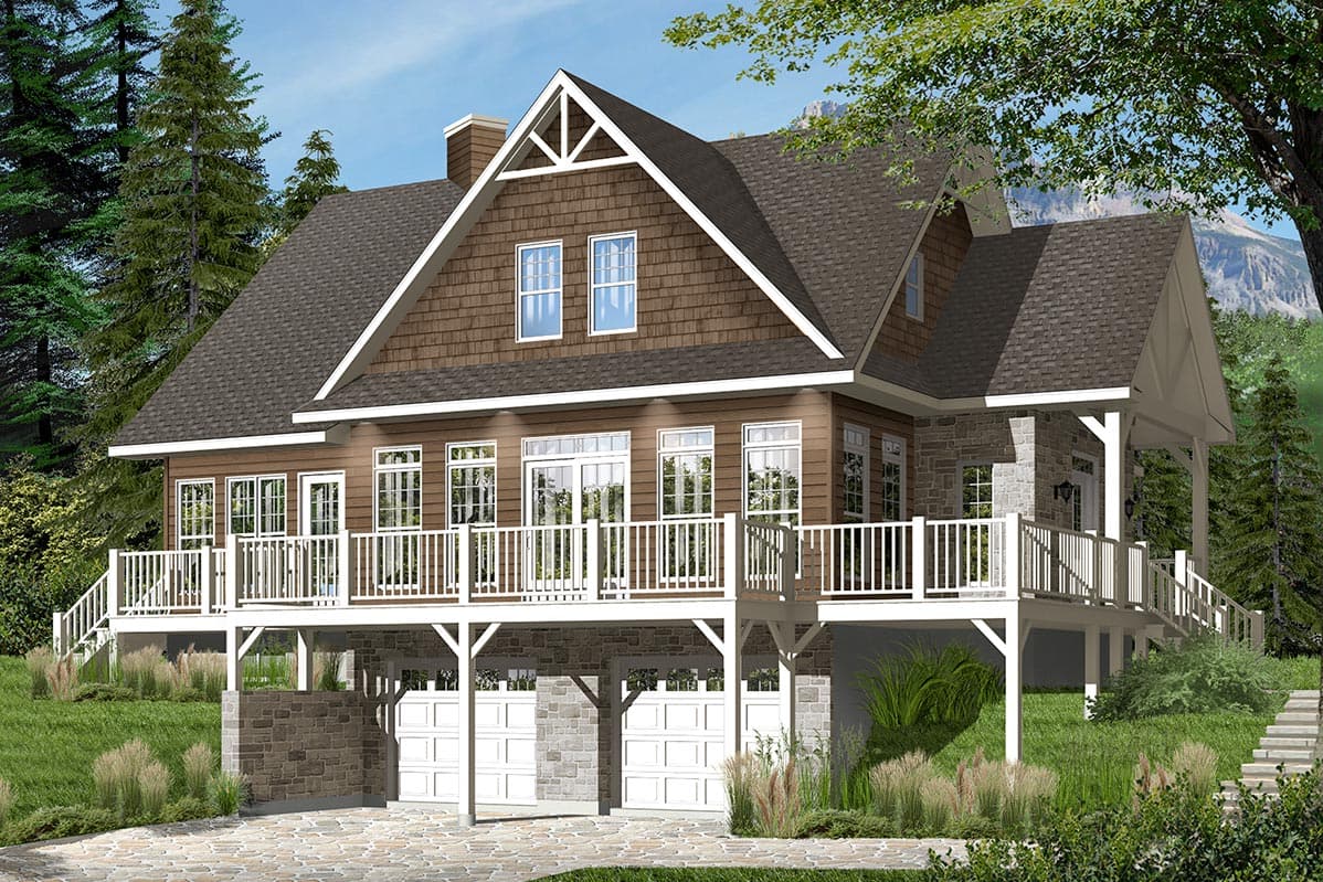 House plan exterior featuring a Modern Farmhouse style, two stories, a prominent front gable, wraparound porch, and a three-car garage.