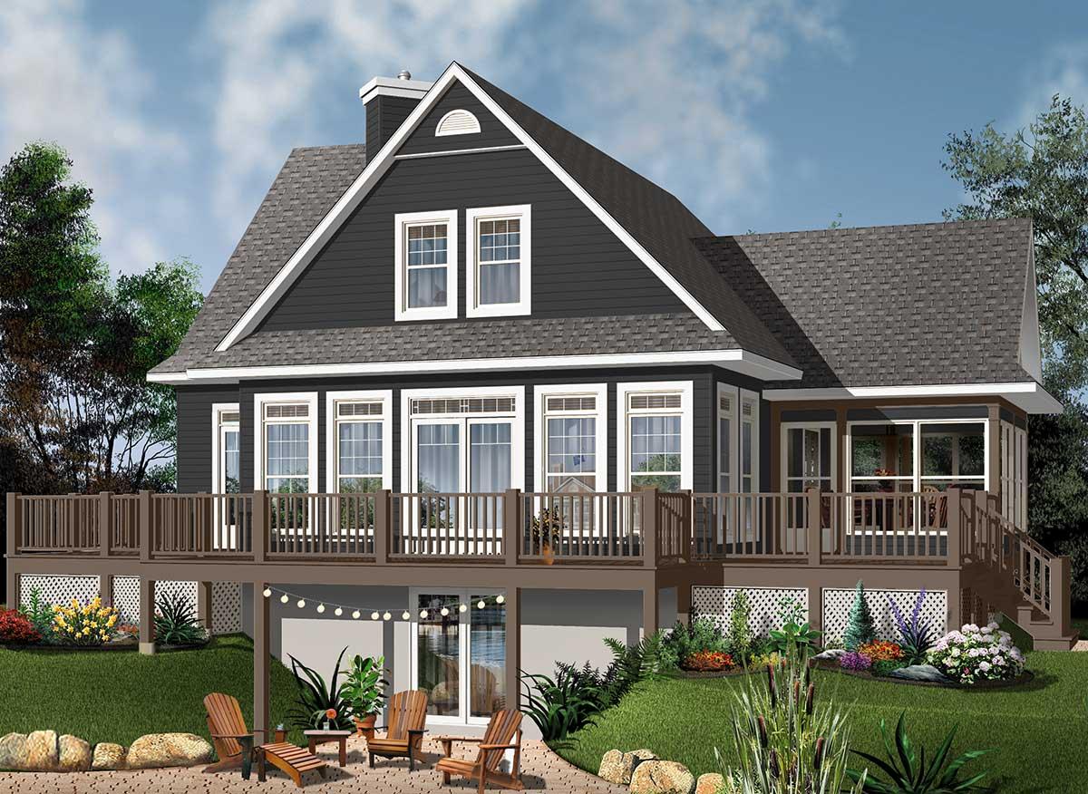 House plan exterior: Two-story home with a prominent gable, large deck, and multi-pane windows.