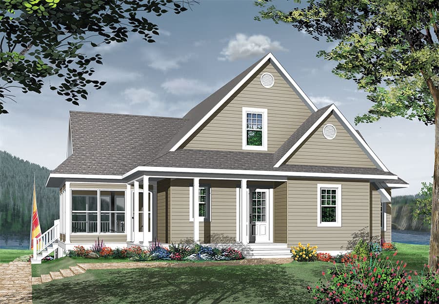 House plan exterior featuring a wraparound porch, gables with circular vents, and multiple windows.