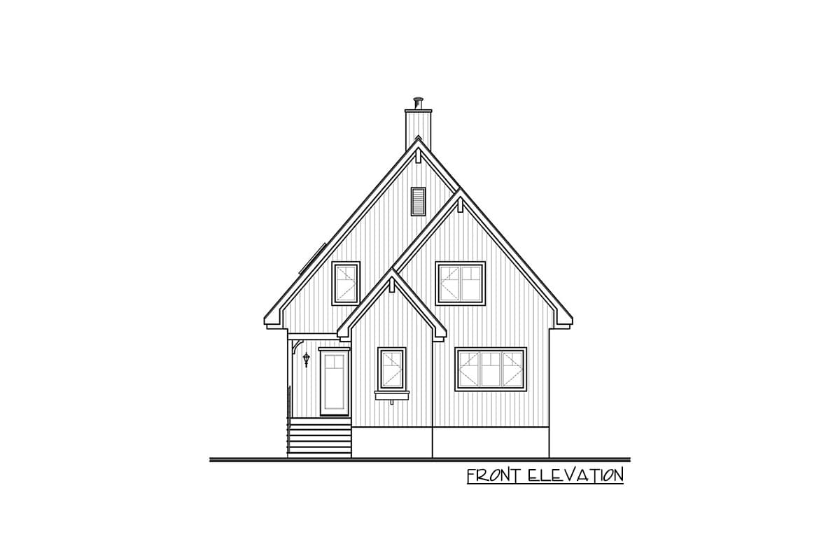 Front elevation drawing of a two-story house with a prominent gable roof, covered entry porch, and multiple windows.