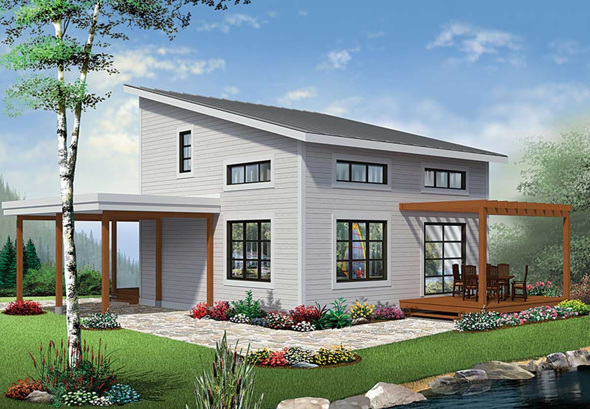 Modern two-story house plan with a cantilevered porch, large windows, and a wood deck with pergola.