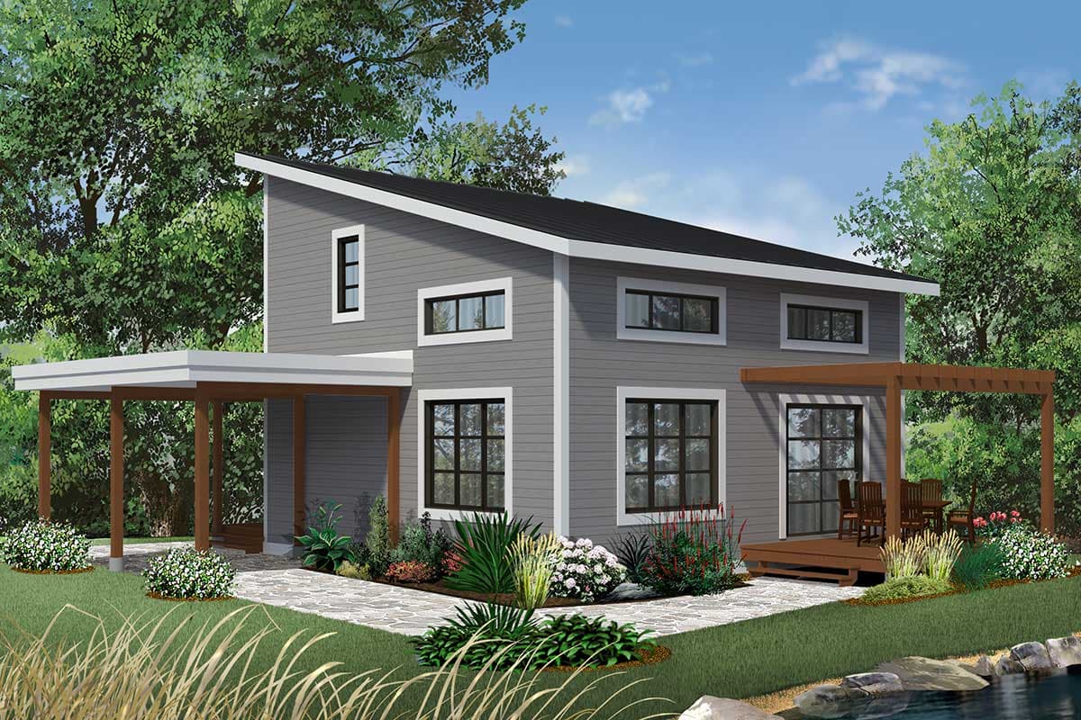 House plan exterior. Two-story, Modern style home with a shed roof. Features include a covered porch, pergola, and multiple rectangular windows.