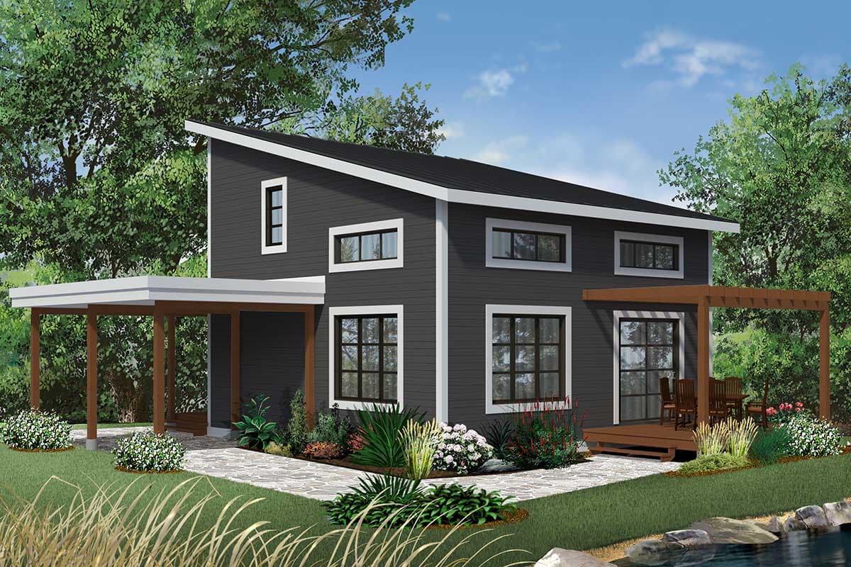 Modern two-story house plan exterior with a slanted roof, covered carport, and wooden deck with pergola.