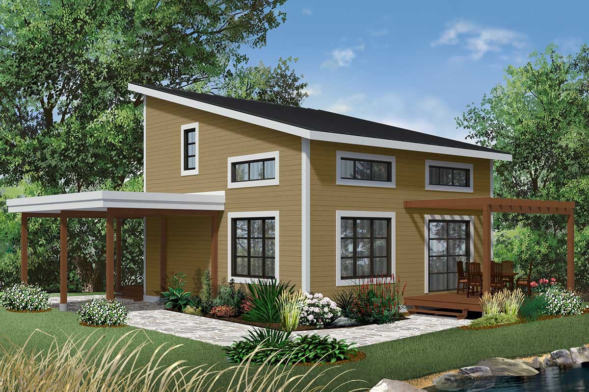 House plan exterior: two-story modern home with a shed roof, covered carport, and pergola-covered deck.