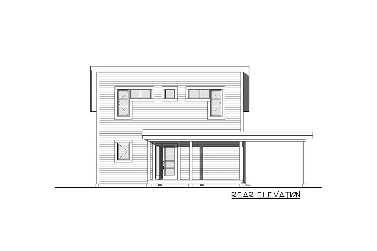 Rear elevation drawing of a two-story house with a covered porch, carport, and horizontal siding.