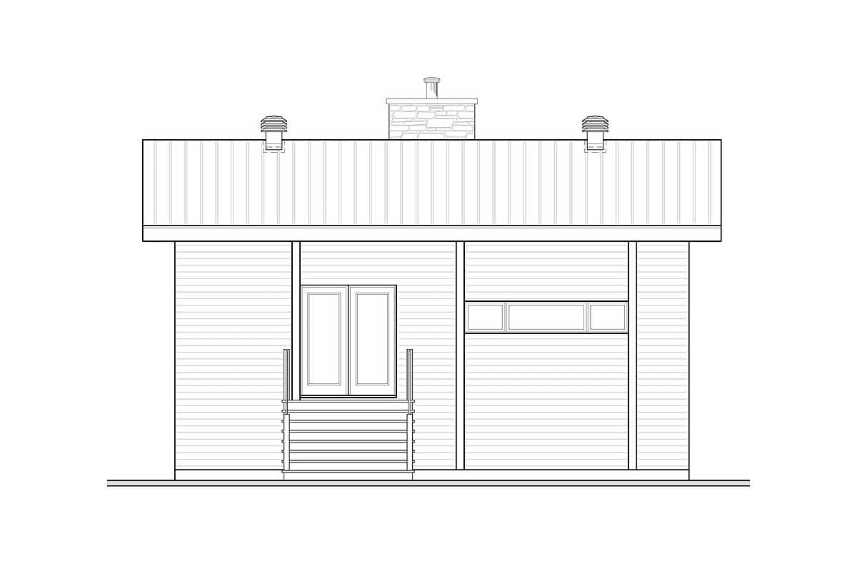 House plan exterior drawing featuring a symmetrical facade with a central entrance, double doors, and a prominent stone chimney.