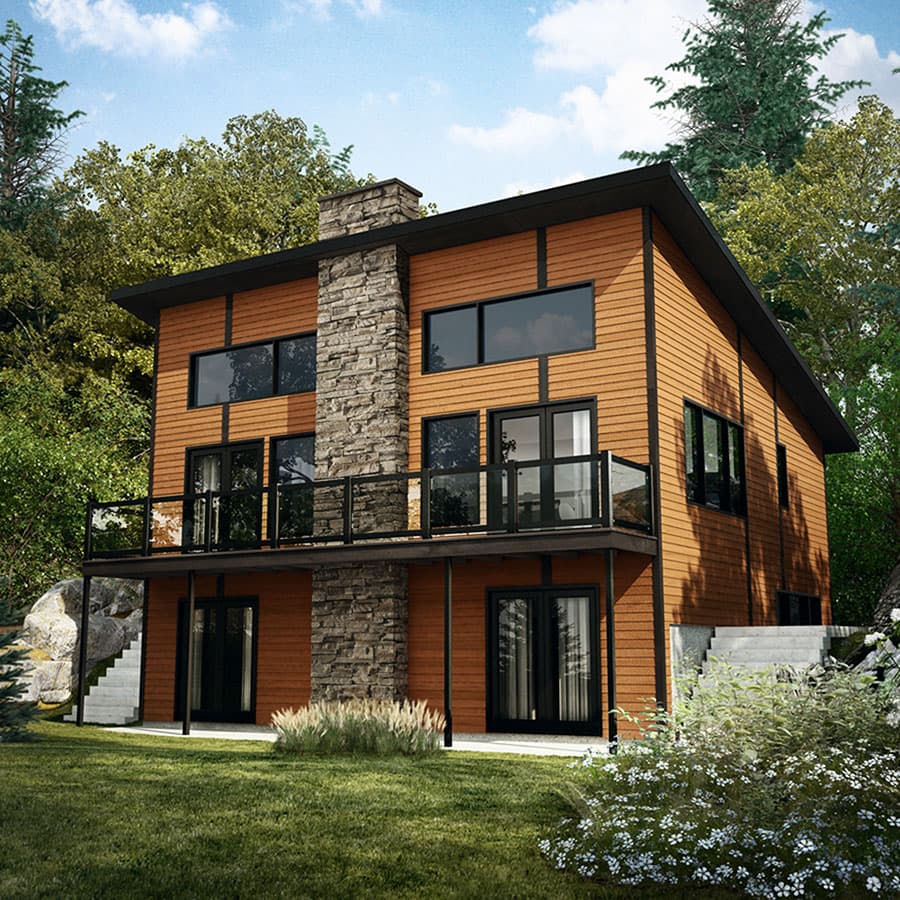 Modern house plan exterior: two stories, wood siding, stone chimney, large windows, deck with glass railings.