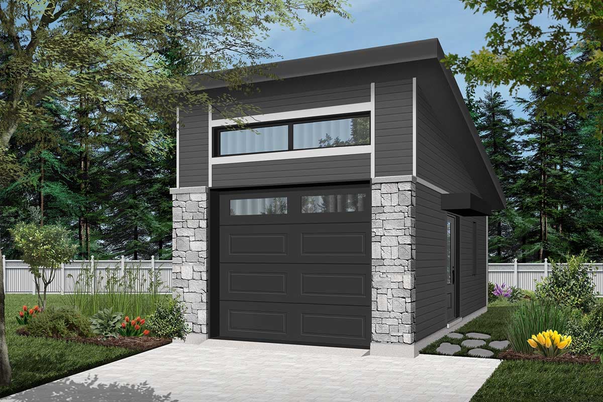 Modern garage exterior with stone accents, dark siding, a single garage door, and a sloped roof.